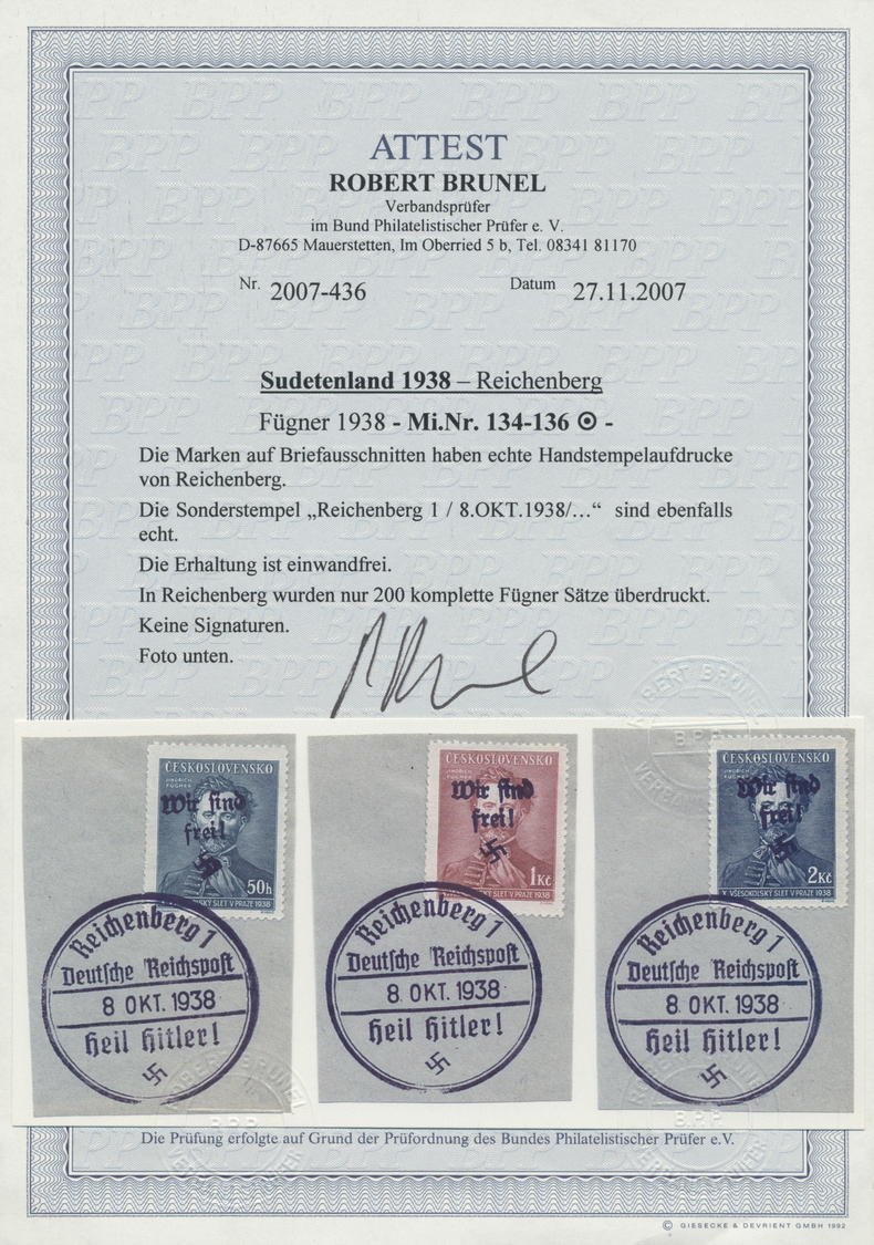 Brfst Sudetenland - Reichenberg: 1938, 50 H. Bis 2 Kc. Fügner, Kompletter Satz Auf Drei Kabinett-Briefstüc - Région Des Sudètes