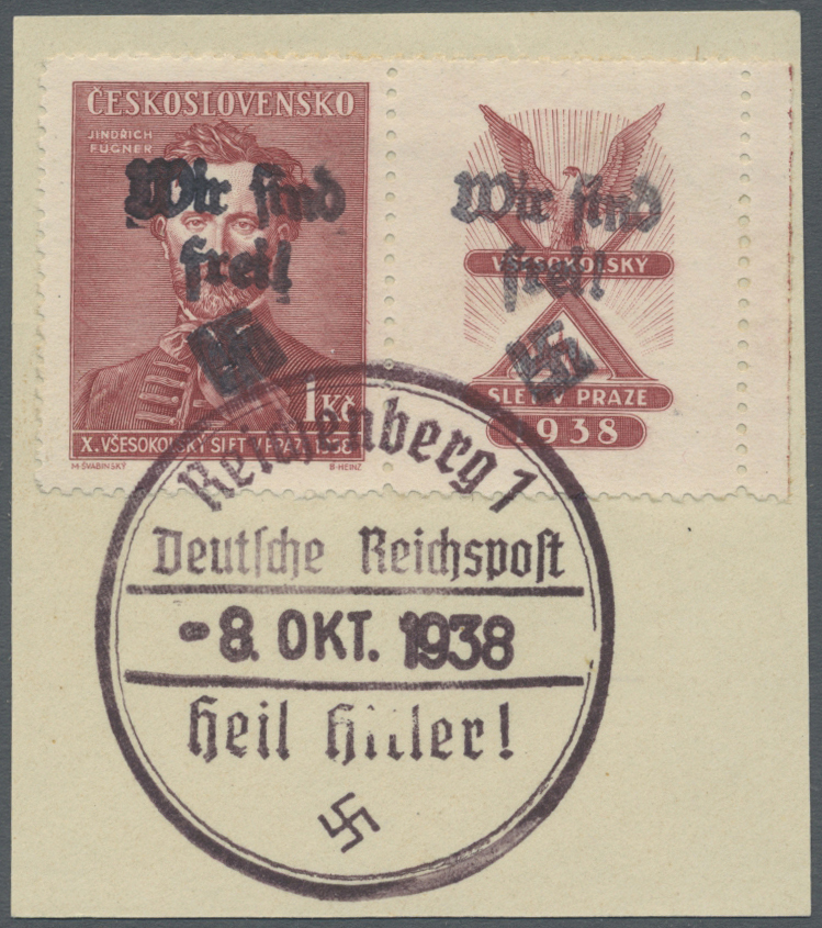Brfst Sudetenland - Reichenberg: 1938, 1 Kc. Fügner Mit Zierfeld Rechts, Karminrot Mit Aufdruck Auf Kabine - Sudetenland