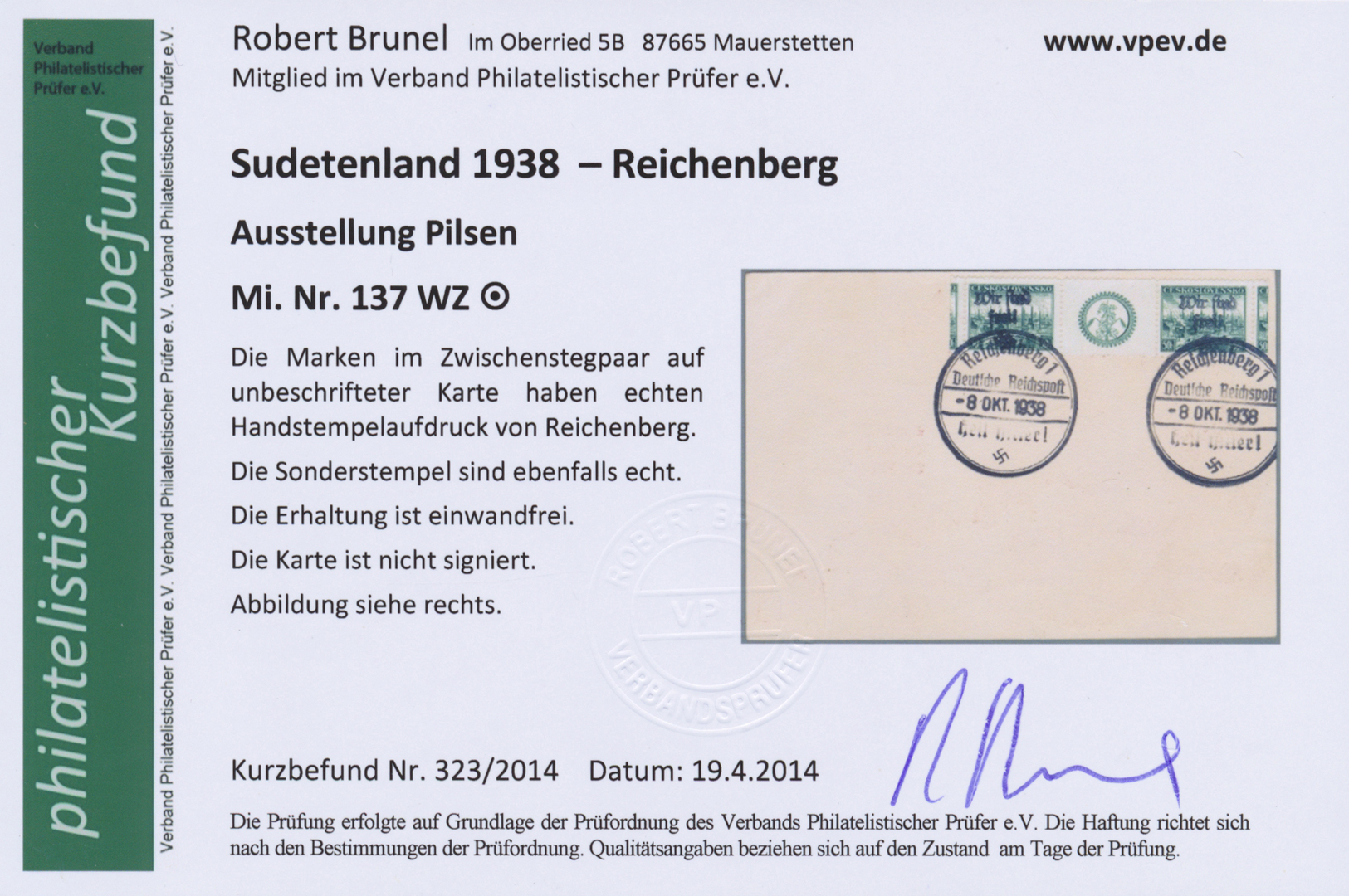 Br Sudetenland - Reichenberg: 1938, 50 H. Pilsen Im Waagerechten Zwischenstegpaar Mit übergehendem Stem - Région Des Sudètes