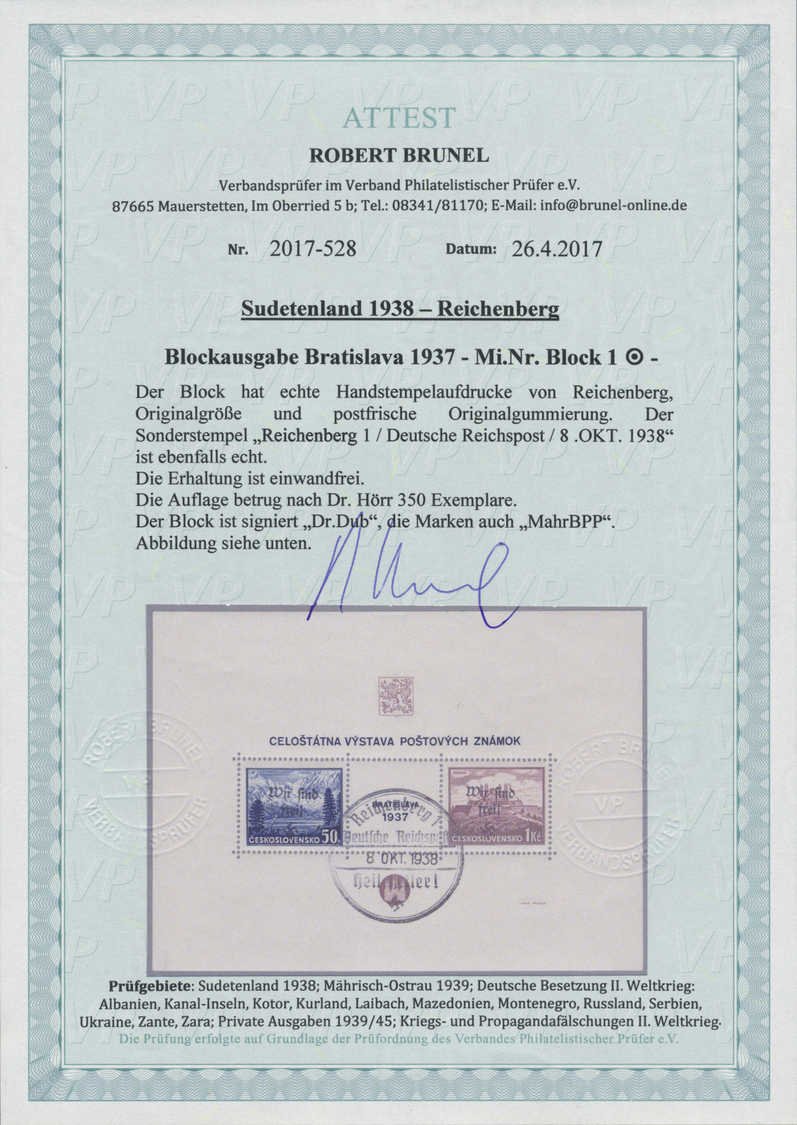 O Sudetenland - Reichenberg: 1938, Bratislava-Block, Sauber Gestempelt, Kabinett, Signiert Dr. Höhr Un - Sudetenland