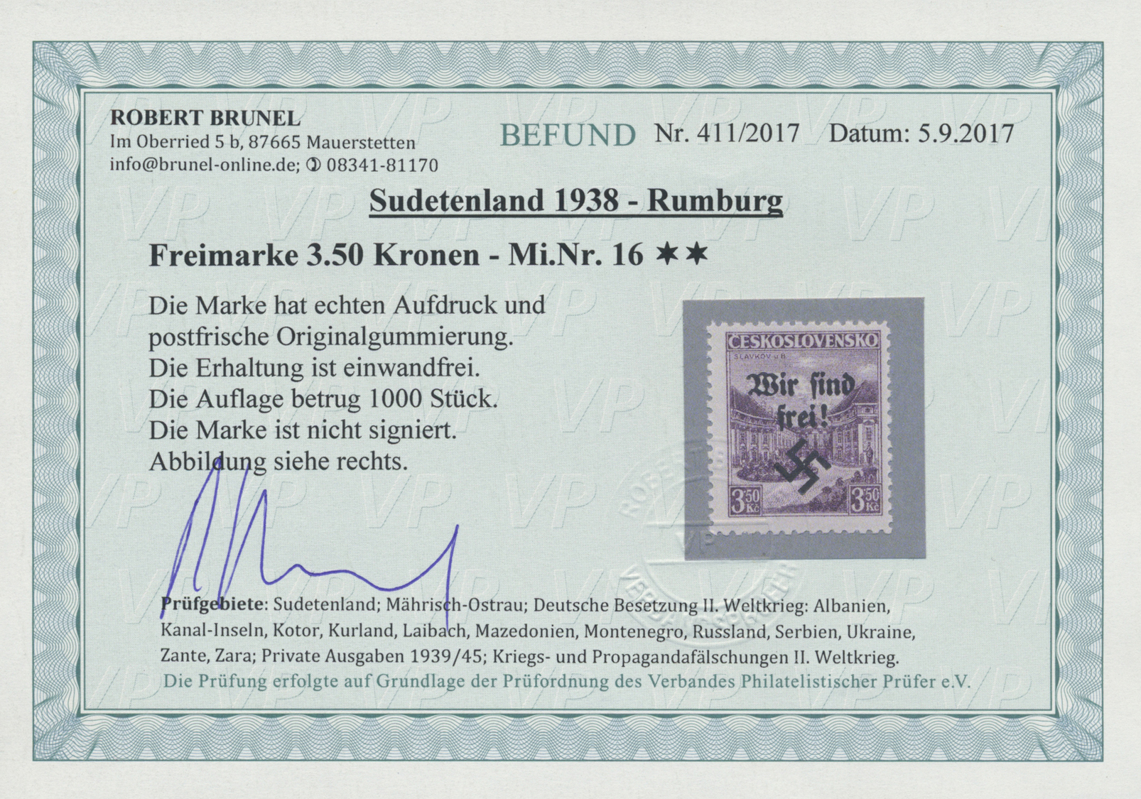 ** Sudetenland - Rumburg: 1938, 3,50 Kc. Lila Mit Aufdruck &bdquo;Wir Sind Frei!&rdquo;, Postfrisches Kabinettstück - Région Des Sudètes