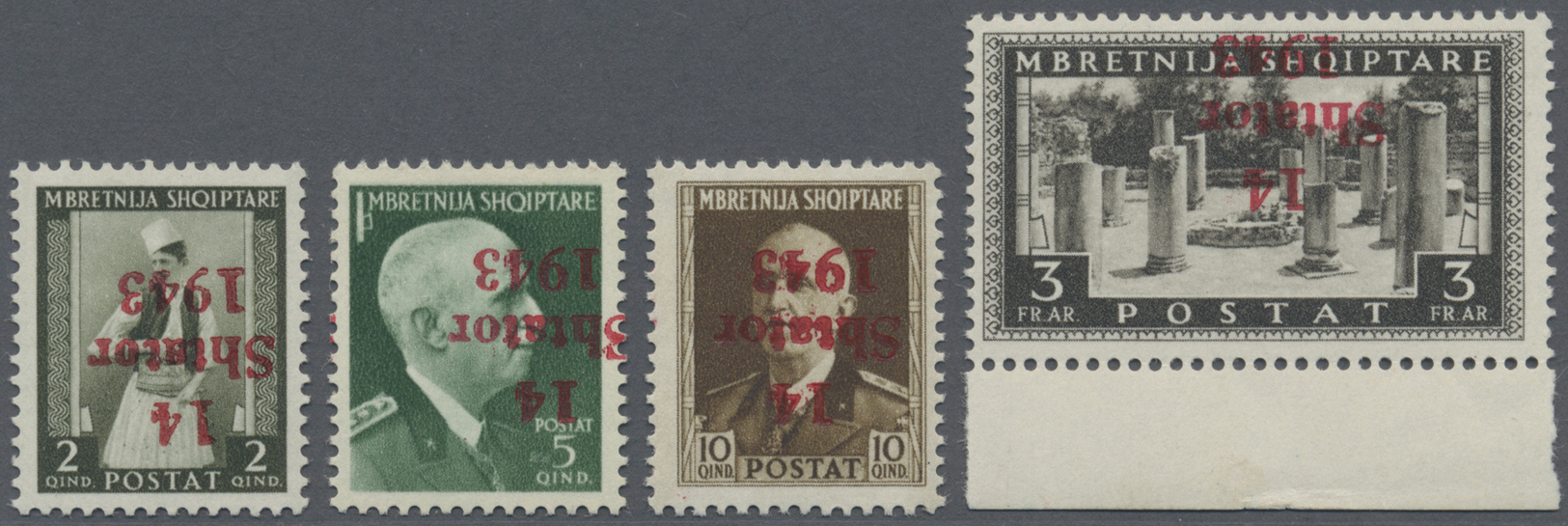 ** Dt. Besetzung II WK - Albanien: 1943, 2 Q. 5 Q. 10 Q. Und 3 Fr. Mit KOPFSTEHENDEM Aufdruck, Tadellos - Bezetting 1938-45