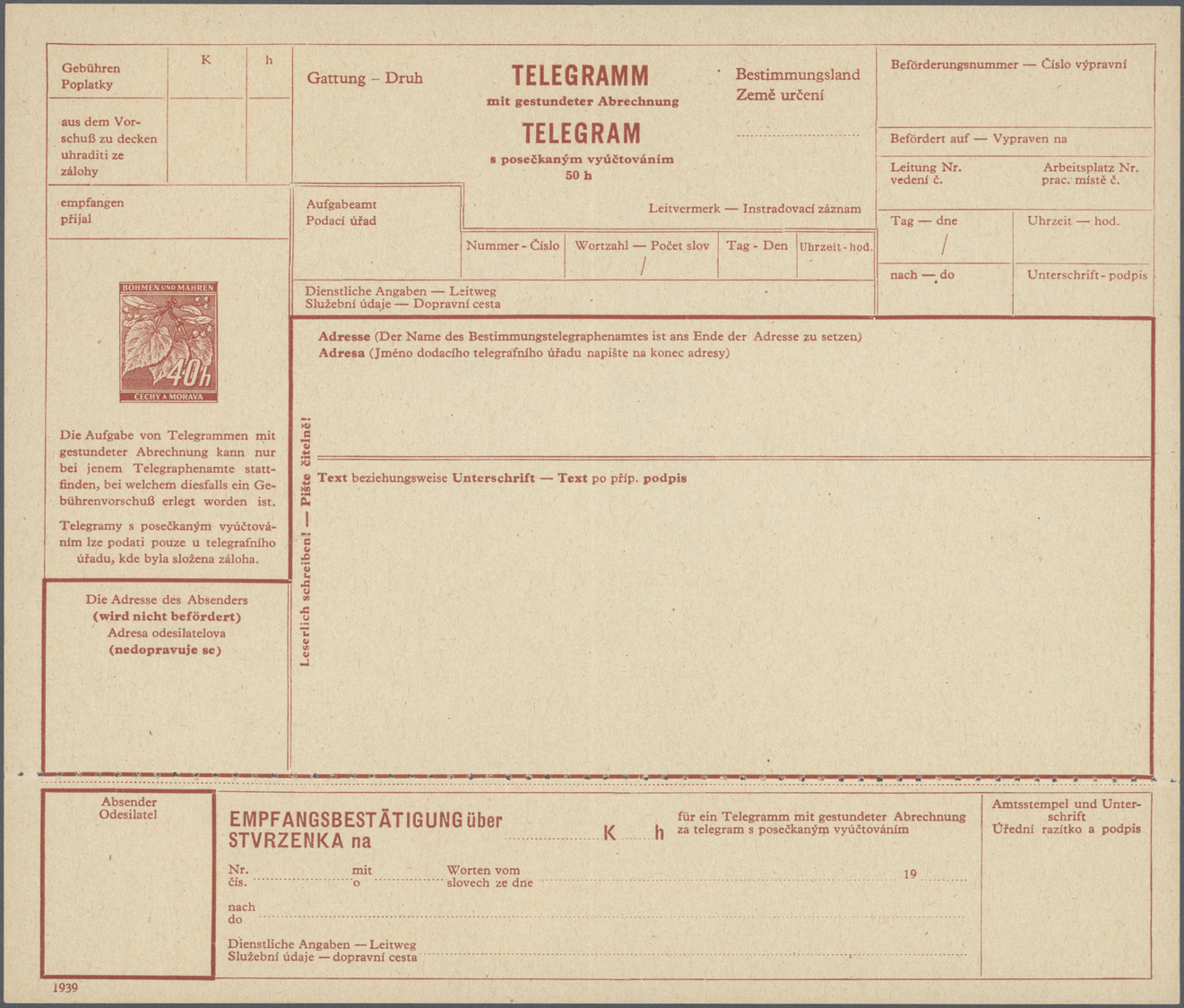 GA Dt. Besetzung II WK - Böhmen Und Mähren - Ganzsachen: 1939. Telegrammblatt 40 (50) H Lindenzweig, We - Bezetting 1938-45