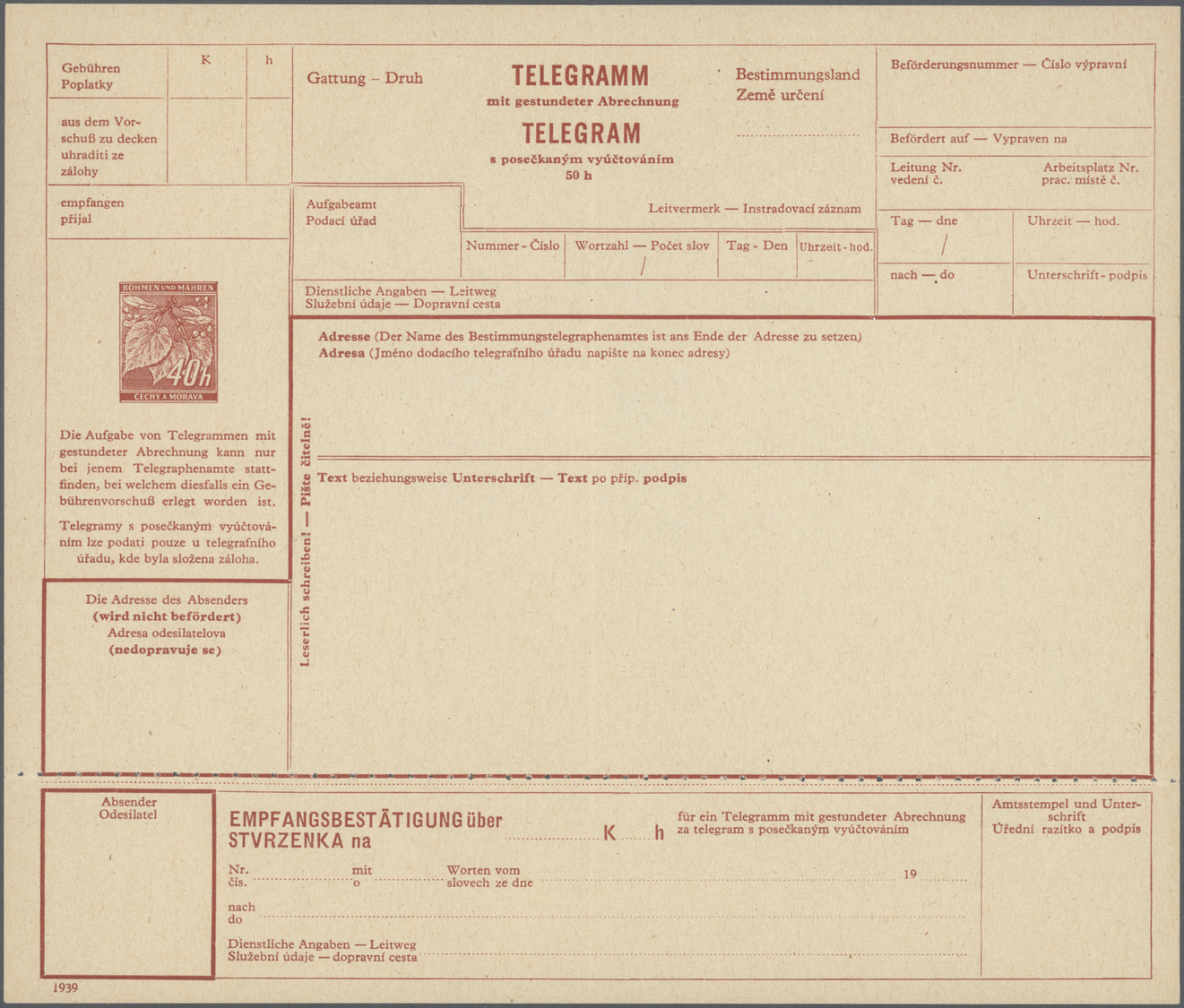 GA Dt. Besetzung II WK - Böhmen Und Mähren - Ganzsachen: 1939. Telegrammblatt 40 (50) H Lindenzweig, We - Occupation 1938-45