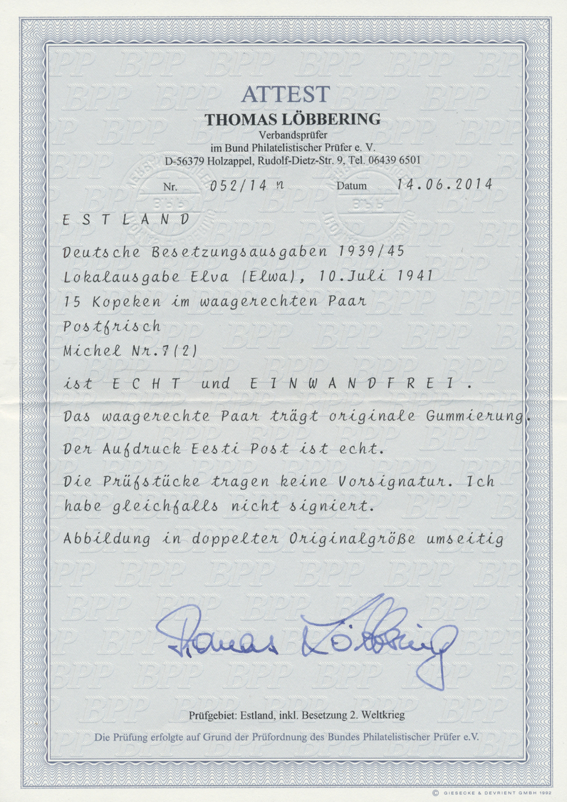 ** Dt. Besetzung II WK - Estland - Elwa: 1941, 15 Kop. Im Waagerechten Paar, Tadellos Postfrisch. Attes - Bezetting 1938-45