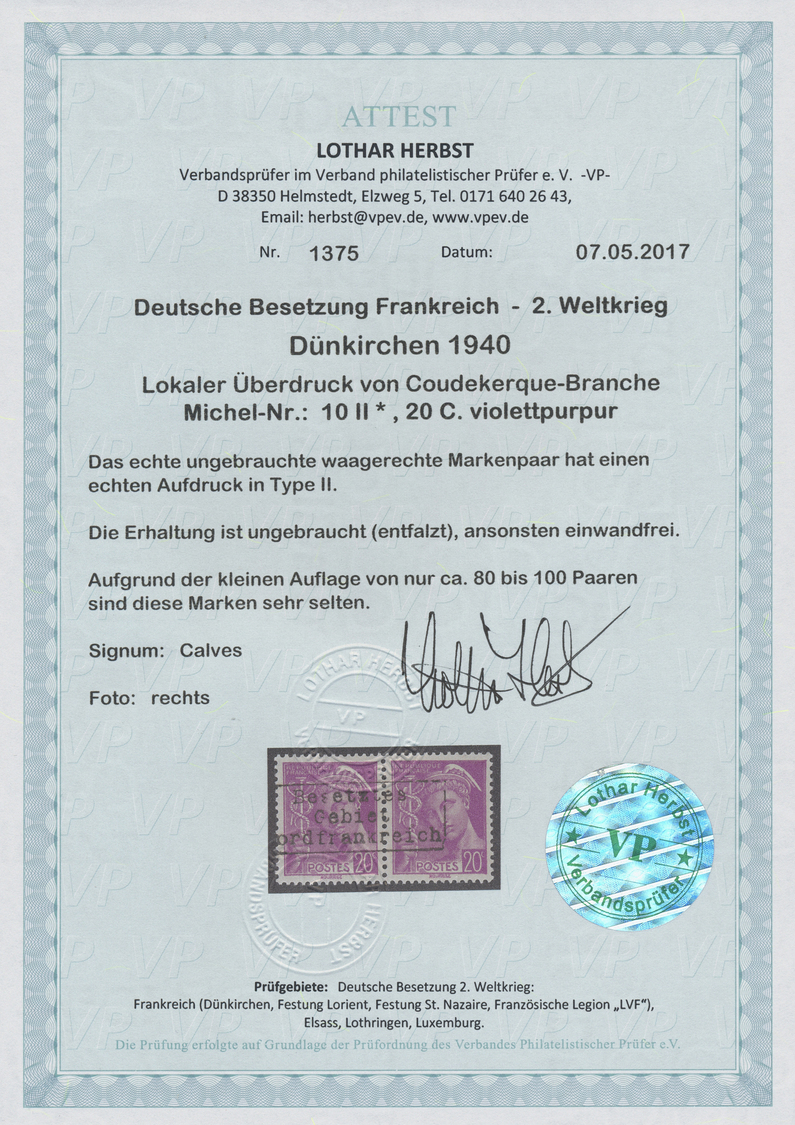 * Dt. Besetzung II WK - Frankreich - Dünkirchen: 1940, 20 C. Merkur Im Waagerechten Paar Mit Aufdruck - Bezetting 1938-45