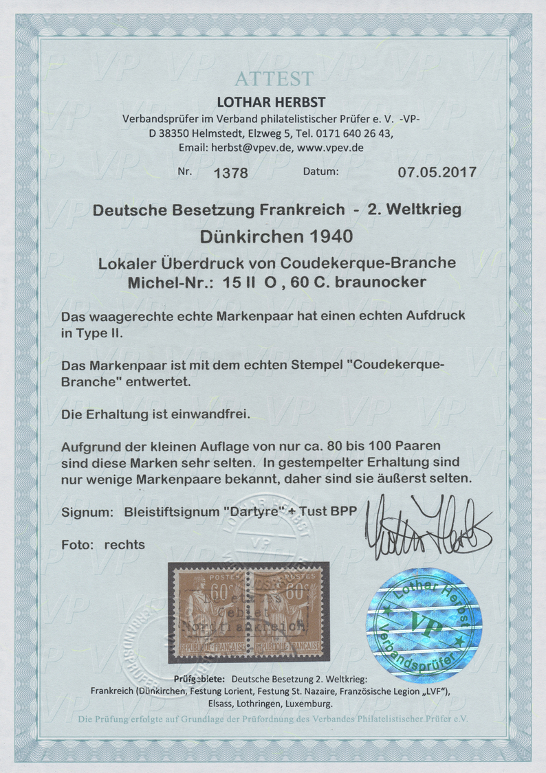 O Dt. Besetzung II WK - Frankreich - Dünkirchen: 1940, 60 C. Friedensallegorie Im Waagerechten Paar Mi - Bezetting 1938-45