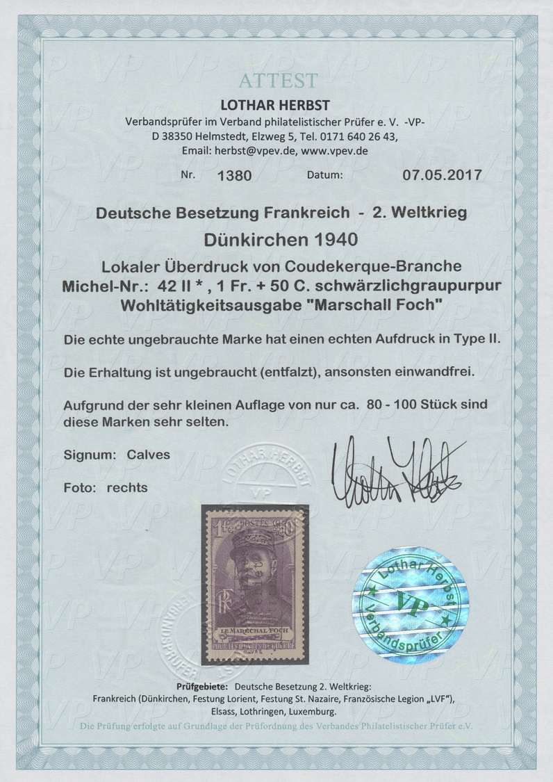* Dt. Besetzung II WK - Frankreich - Dünkirchen: 1940, 1 Fr. + 50 C. Marschall Foch Mit Aufdruck In Ty - Occupation 1938-45