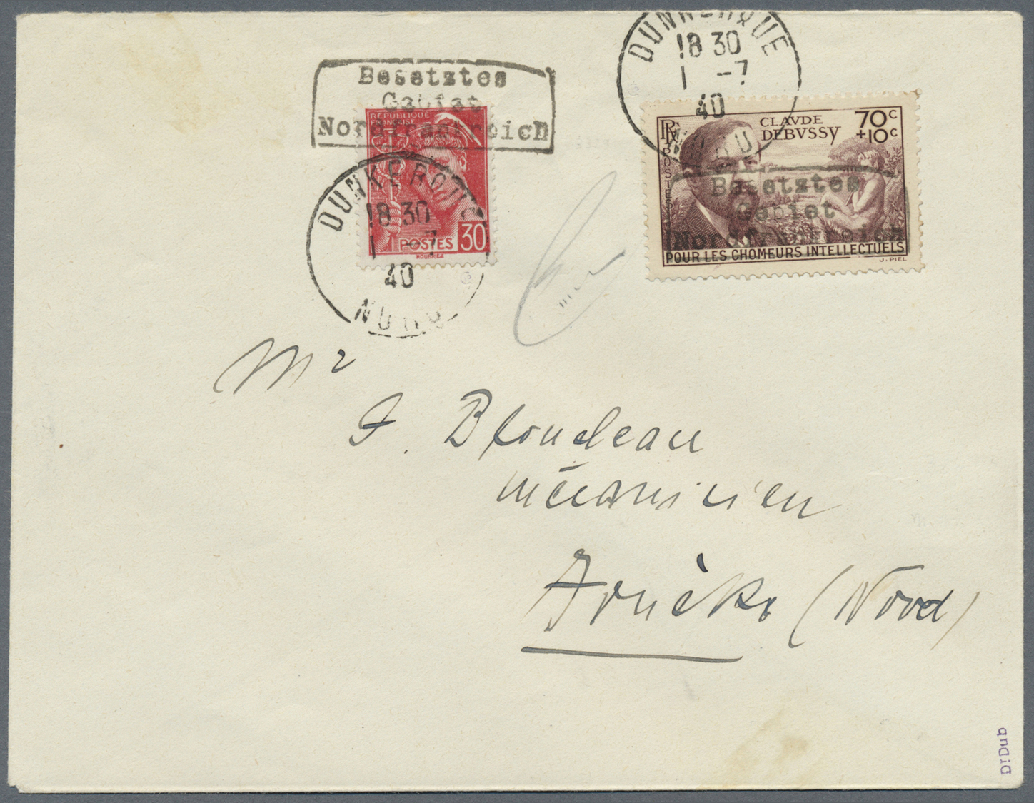 Br Dt. Besetzung II WK - Frankreich - Dünkirchen: 1940, 70 + 10 C. C. Debussy Und 30. C. Merkurkopf Mit - Bezetting 1938-45