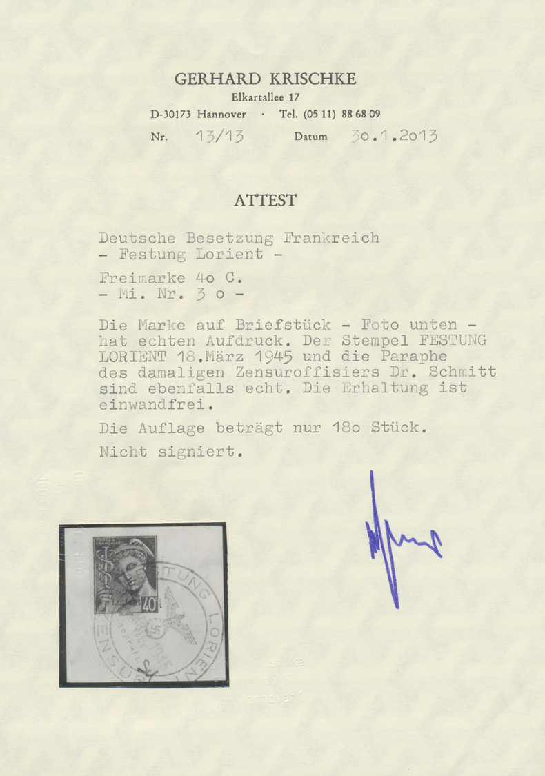 Brfst Dt. Besetzung II WK - Frankreich - Festung Lorient: 1945, 40 C. Merkurkopf Grauviolett Auf Kabinett- - Bezetting 1938-45