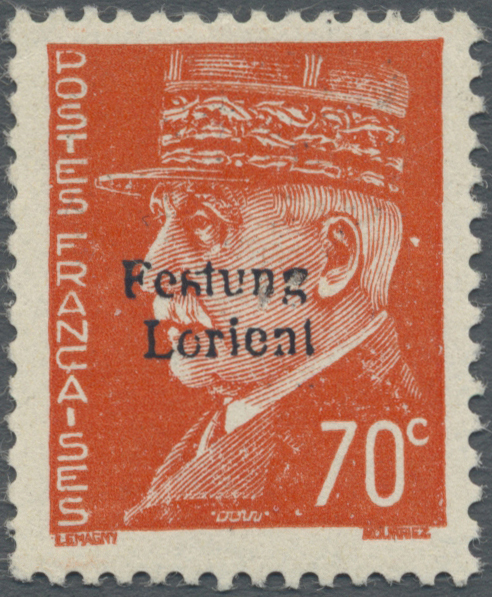 ** Dt. Besetzung II WK - Frankreich - Festung Lorient: 1945, 70 C. Pétain Rotorange, Postrisches Kabine - Bezetting 1938-45