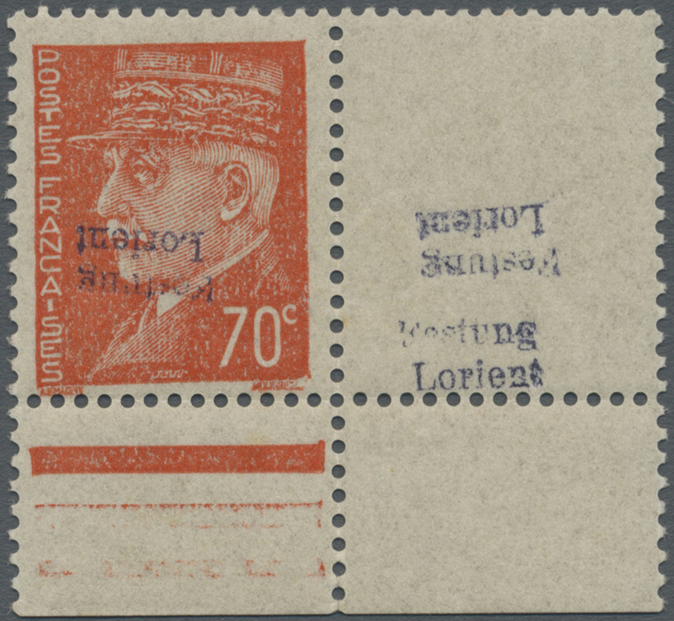 ** Dt. Besetzung II WK - Frankreich - Festung Lorient: 1945, 70 C. Pétain Rotorange, Unterrandstück Mit - Occupation 1938-45