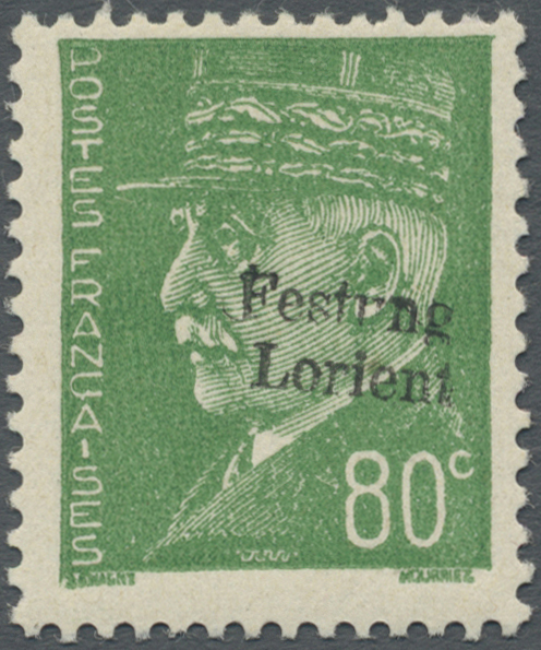 ** Dt. Besetzung II WK - Frankreich - Festung Lorient: 1945, 80 C. Pétain Smaragdgrün, Postrisches Kabi - Occupation 1938-45