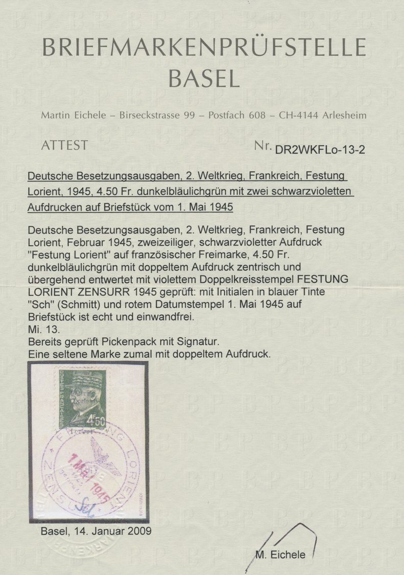 Brfst Dt. Besetzung II WK - Frankreich - Festung Lorient: 1945, 4,50 Fr. Pétain Schwarzgrün Mit Doppeltem - Bezetting 1938-45