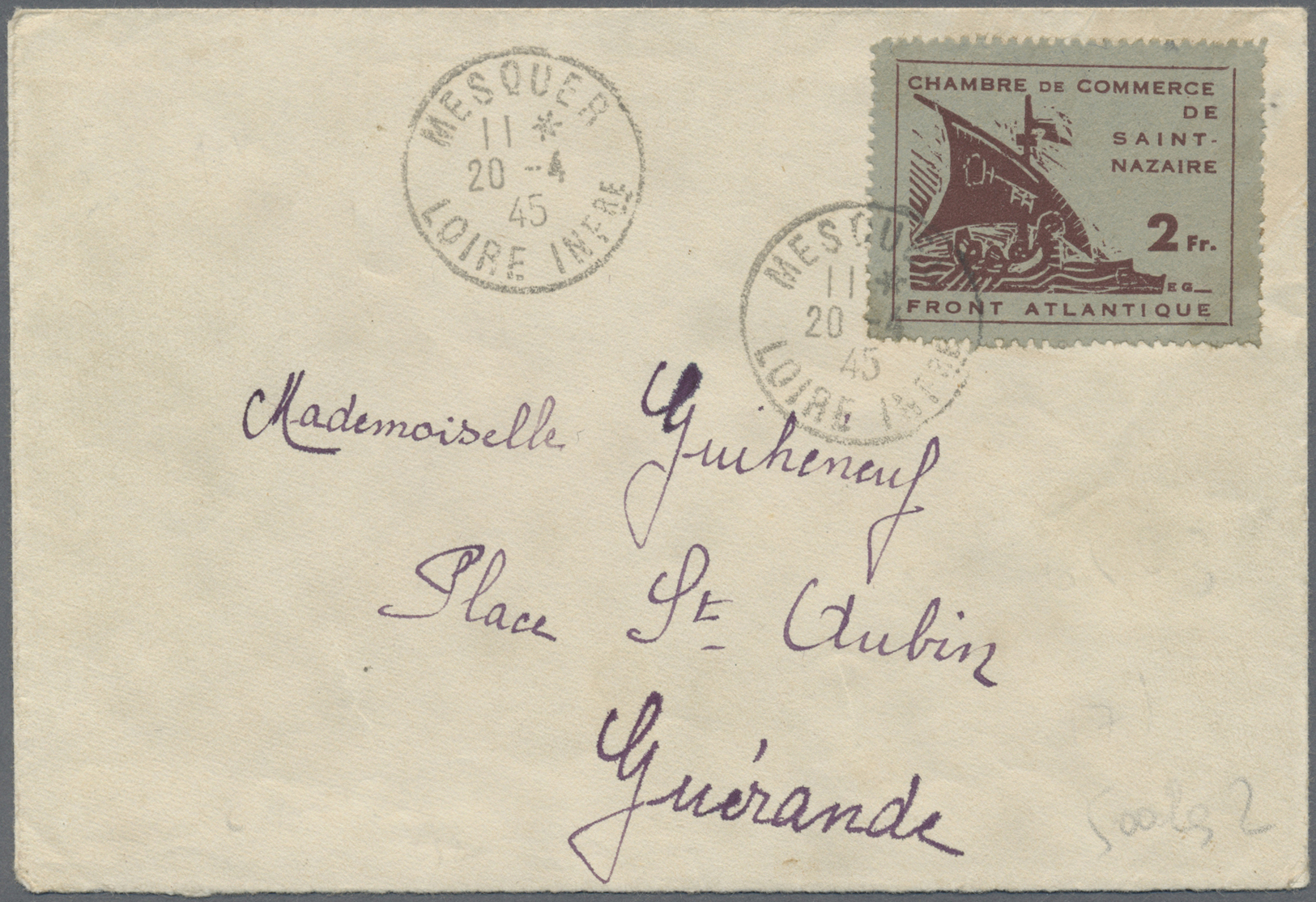 Br Dt. Besetzung II WK - Frankreich - St. Nazaire: 1945, Two Letters, One Bearing 2 Fr. Lilac-brown As - Bezetting 1938-45