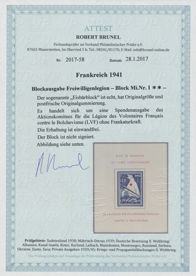 ** Dt. Besetzung II WK - Frankreich - Privatausgaben: Legionärsmarken: Eisbär-Block Mit Abart "Strich I - Bezetting 1938-45