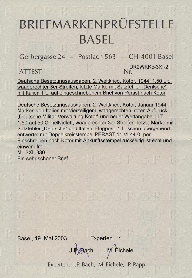 Br Dt. Besetzung II WK - Kotor: 1944: 1.50 LIT/50C., Waagerechter Dreierstreifen, Die Rechte Marke Mit - Bezetting 1938-45