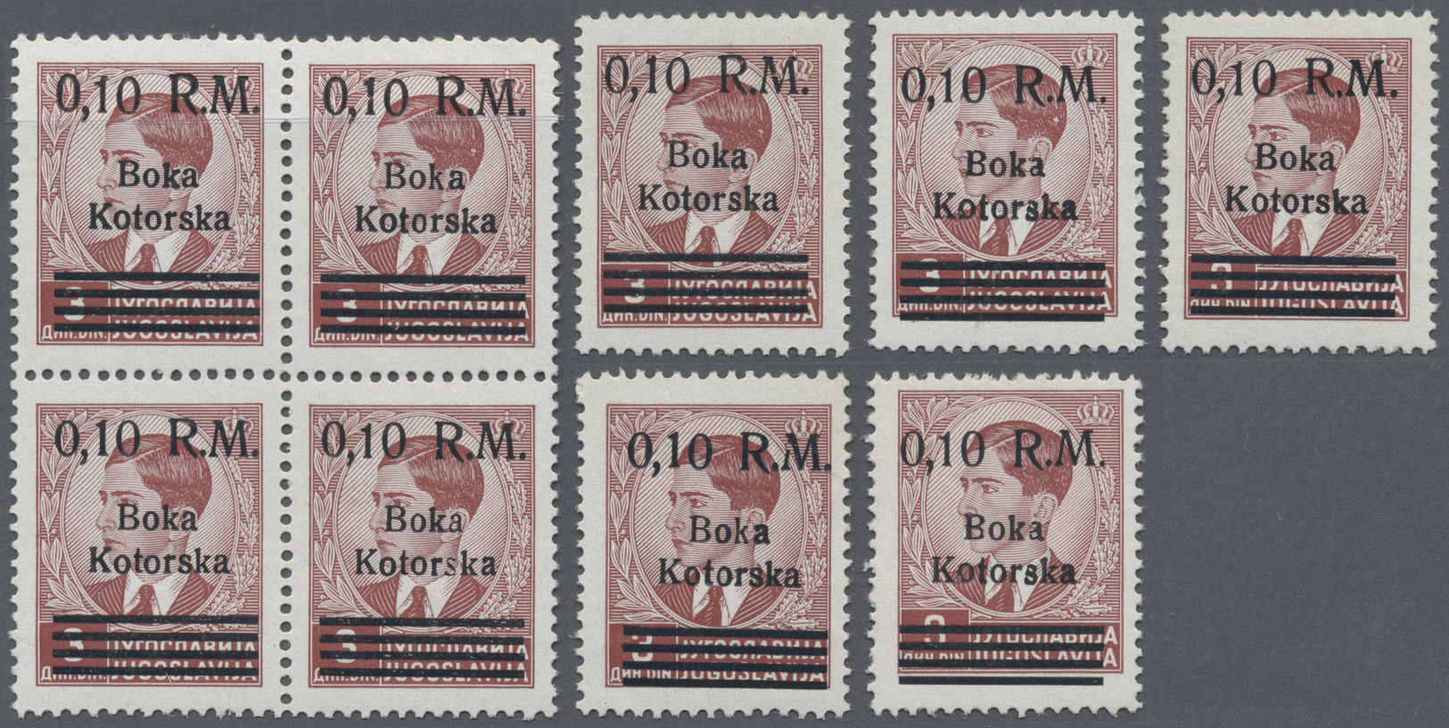 ** Dt. Besetzung II WK - Kotor: 1944, 0.10 RM Auf 3 Din Lilabraun, Zusammenstellung Von 9 Marken, Ein 4 - Occupation 1938-45