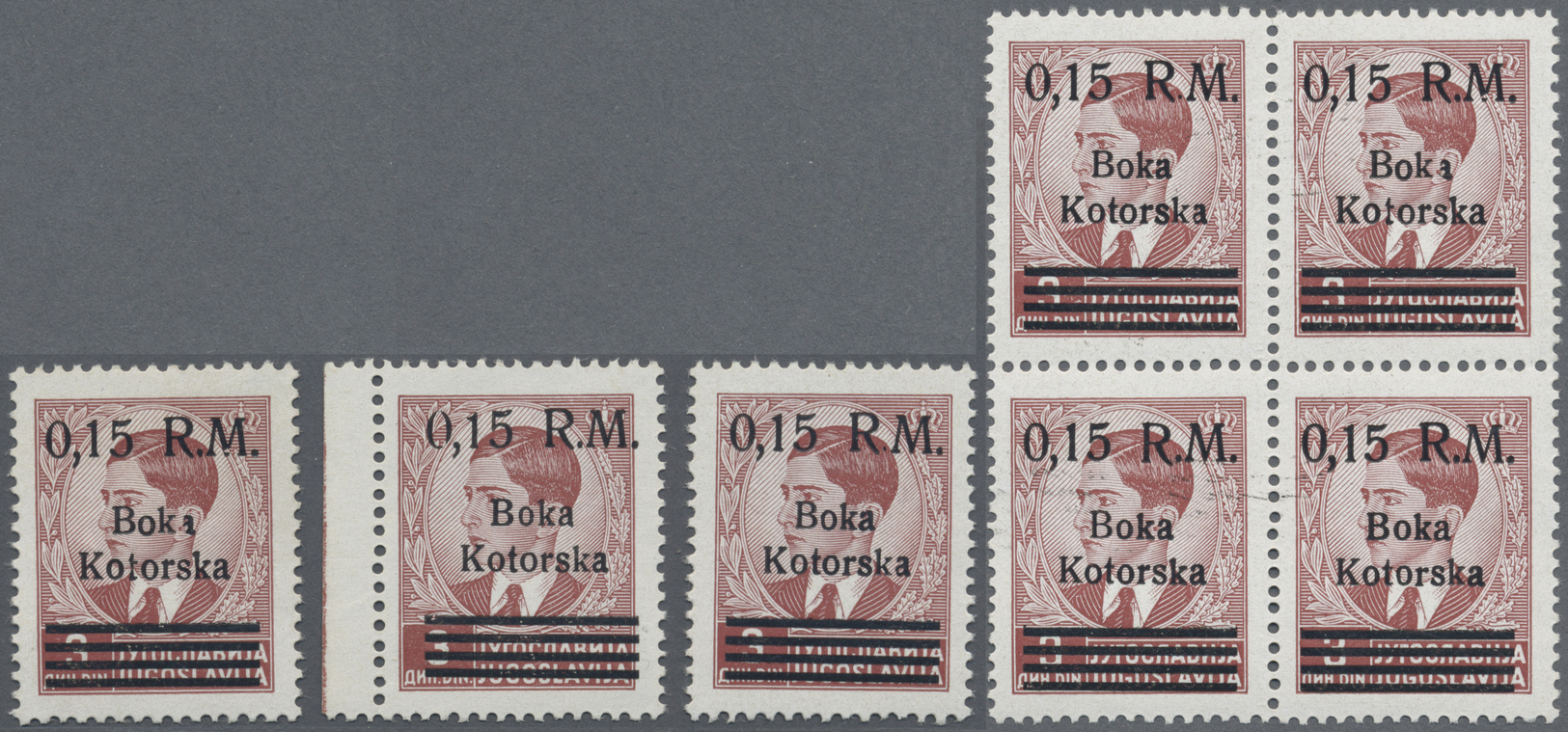 ** Dt. Besetzung II WK - Kotor: 1944. Freimarke 0,15 R.M. Auf 3 Dinar Ein 4-er Block Und 3 Einzelstücke - Occupation 1938-45