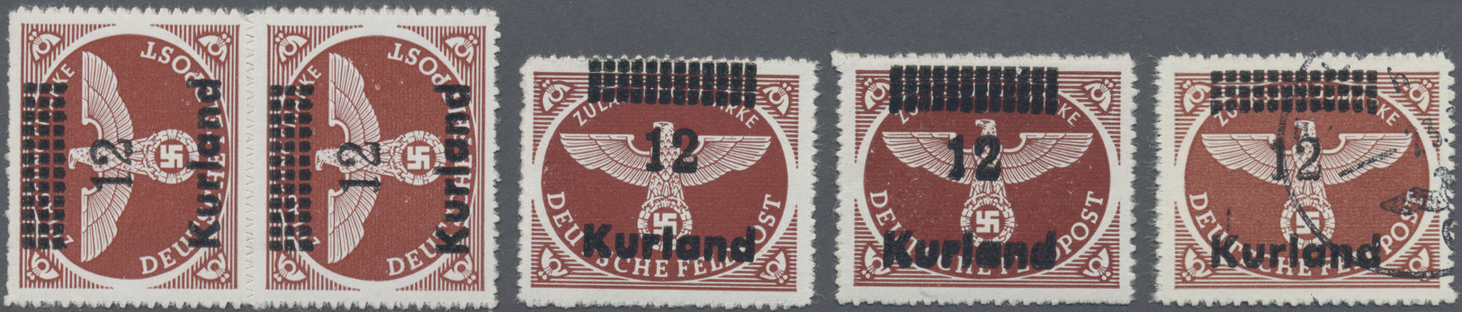 **/O Dt. Besetzung II WK - Kurland: 1945, Feldpost-Päckchenmarke Durchstochen 2 Mal Mit Doppeltem Aufdruc - Occupation 1938-45