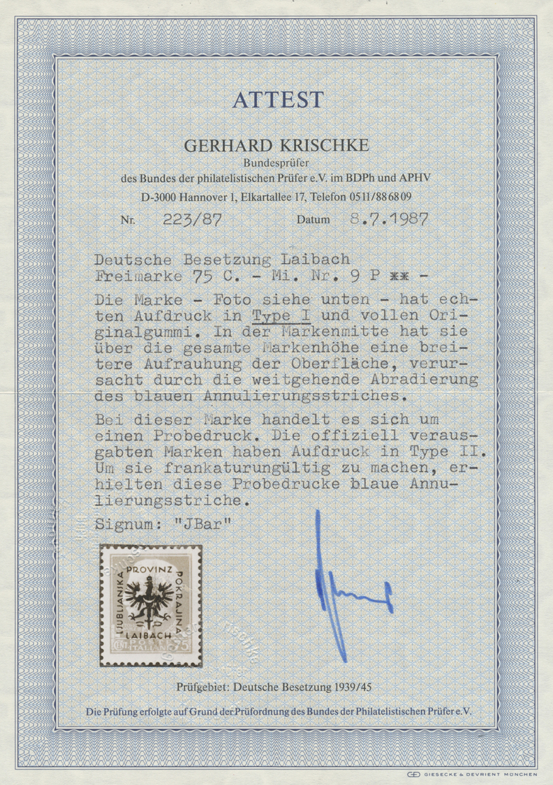 ** Dt. Besetzung II WK - Laibach: 1944, 75 C. Karmin Mit PROBEAUFDRUCK In Type I (statt Normal In Type - Bezetting 1938-45