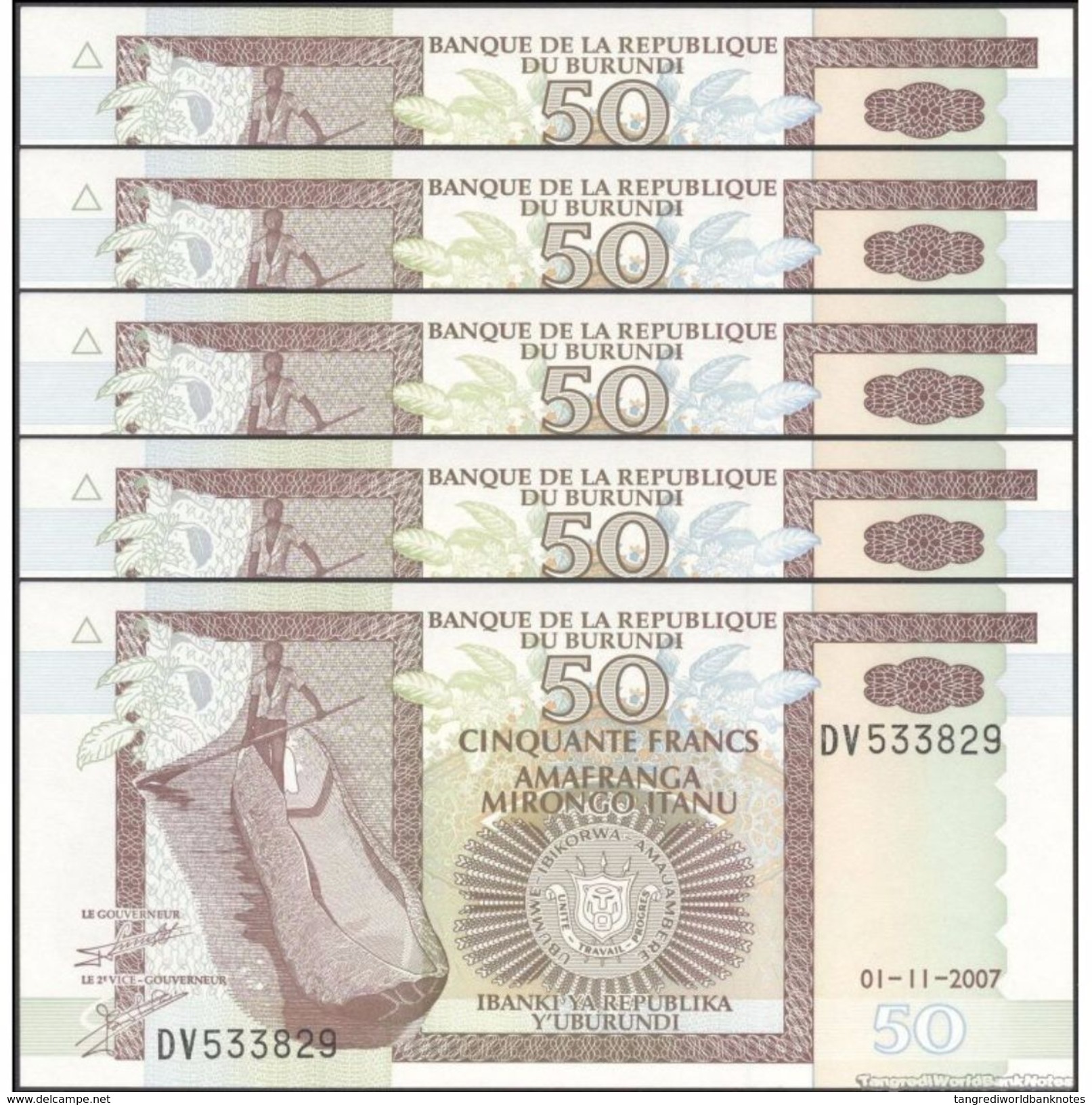 TWN - BURUNDI 36g - 50 Francs 1.11.2007 DEALERS LOT X 5 - Prefix DV UNC - Burundi