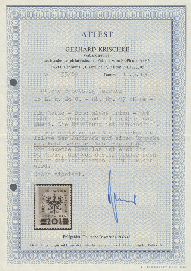 ** Dt. Besetzung II WK - Laibach: 1944, 20 L Auf 20 C Karmin Mit KOPFSTEHENDEM WASSERZEICHEN Postfrisch - Occupation 1938-45