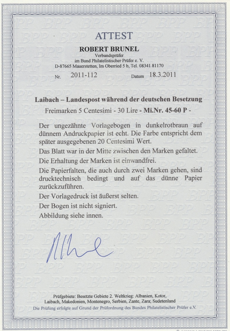 (*) Dt. Besetzung II WK - Laibach: 1945: Freimarkenserie Zu 16 Werten, 5 C. - 30 L., Kombinationsbogen, - Occupation 1938-45