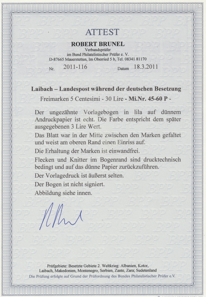 (*) Dt. Besetzung II WK - Laibach: 1945: Freimakrenserie Zu 16 Werten, 5 C. - 30 L., Kombinationsbogen, - Bezetting 1938-45