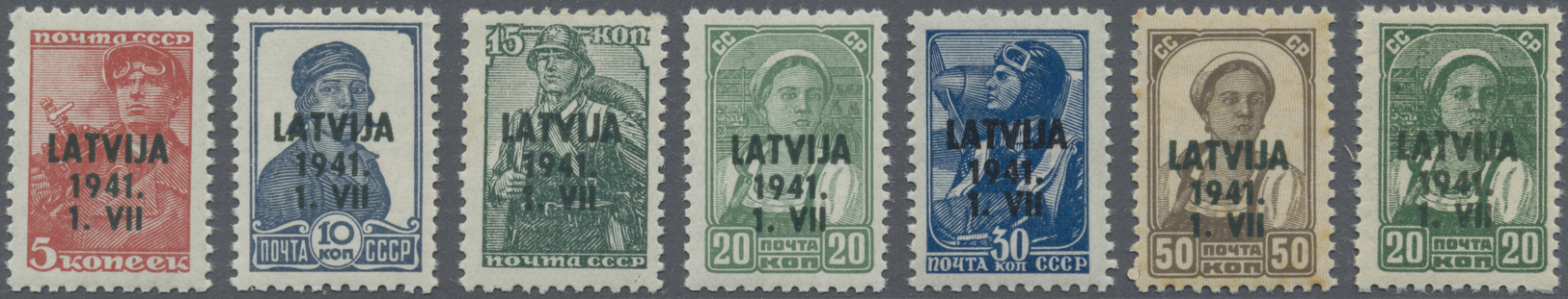 ** Dt. Besetzung II WK - Lettland: 1941, 5 Kop. Bis 50 Kop. Als Postfrischer Satz, Dazu Noch 5 X 20 Kop - Occupation 1938-45