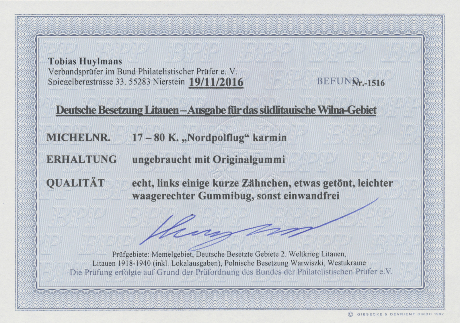 * Dt. Besetzung II WK - Litauen: 1941, "Nordpolflug" 80 Kopeken Karmin Mit Aufdruck "VILNIUS", Ungebra - Bezetting 1938-45