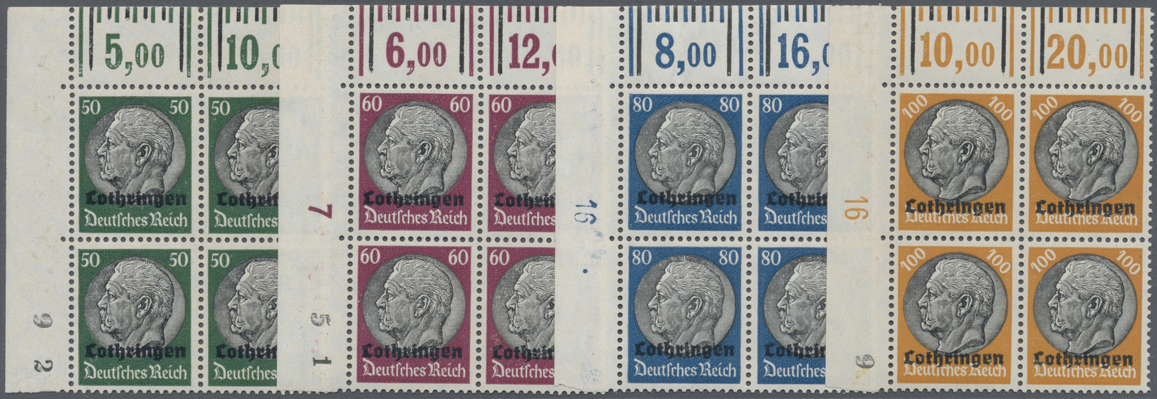 **/ Dt. Besetzung II WK - Lothringen: 1940, Hindenburg Mit Aufdruck, Kompletter Satz Im Obereckrandviere - Bezetting 1938-45