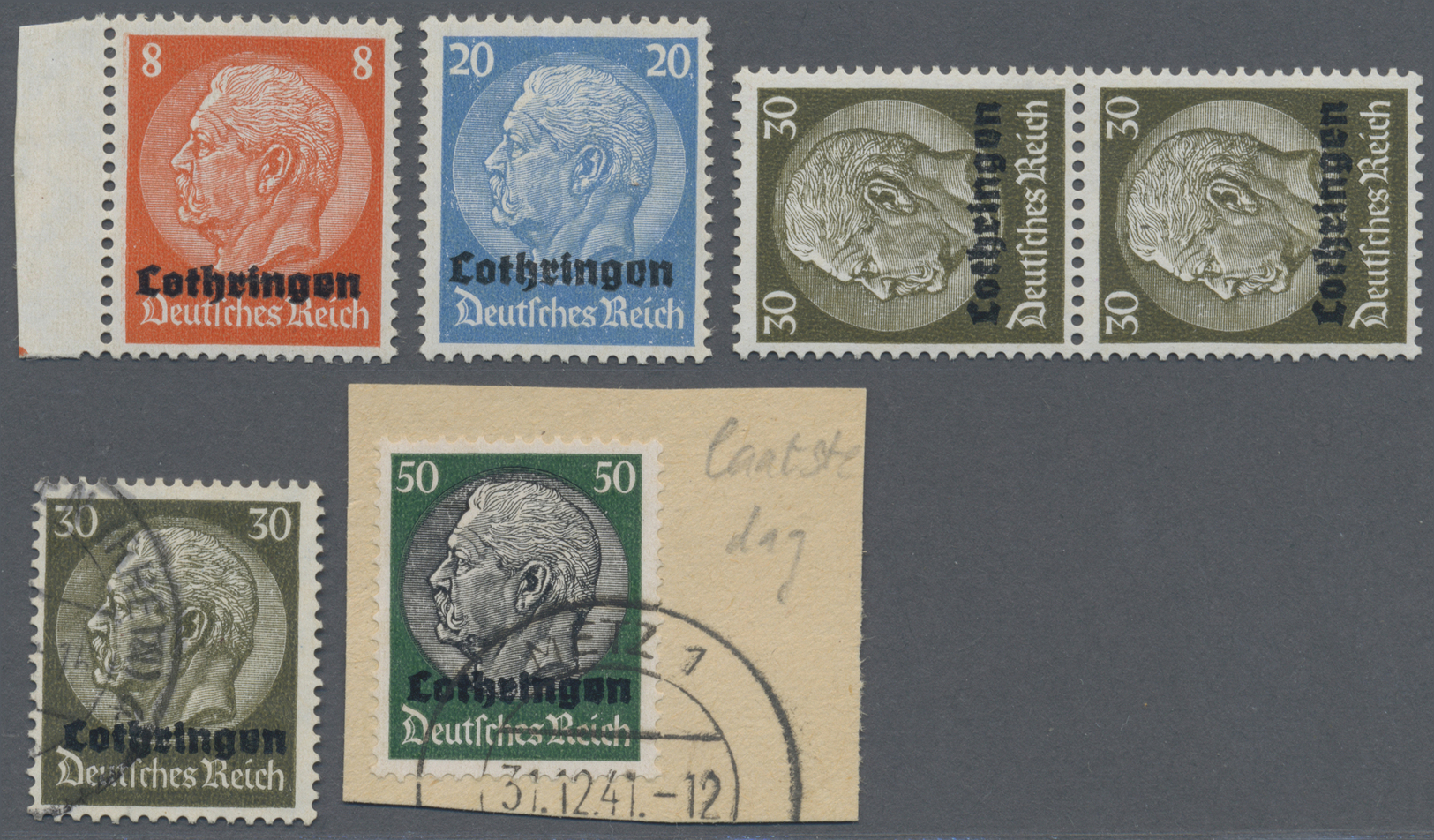 **/*/O/Brfst Dt. Besetzung II WK - Lothringen: 1940, 5 Werte Hindenburg Mit Aufdruck Mit Dem Plattenfehler "I", " - Bezetting 1938-45