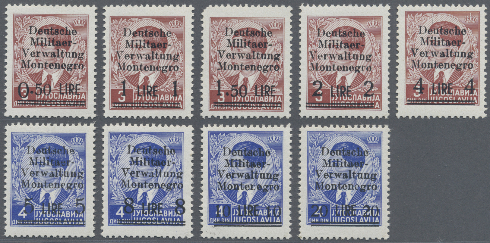 ** Dt. Besetzung II WK - Montenegro: 1943, 0,50 L. Bis 20 L. Aufdruckausgabe, Kompletter Postfrischer P - Occupation 1938-45