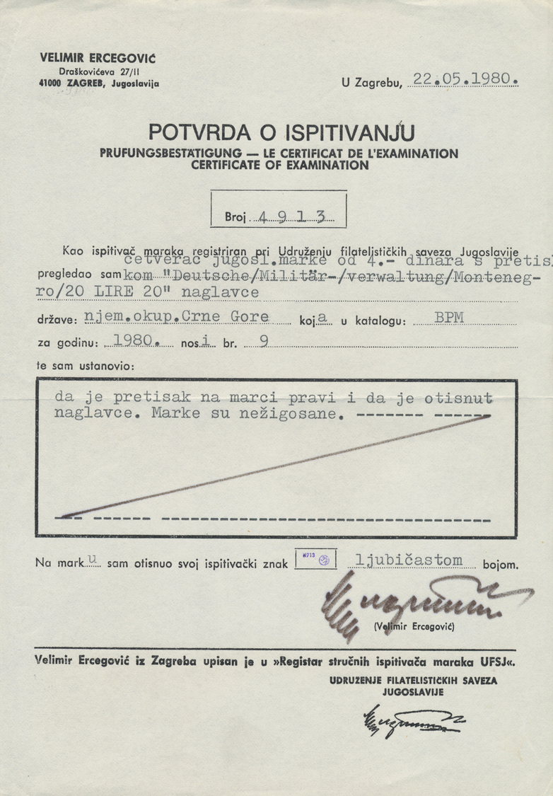 ** Dt. Besetzung II WK - Montenegro: 1943, 20 L. Auf 4 Dinar Als Postfrischer 4-er Block Mit Kopfstehen - Bezetting 1938-45