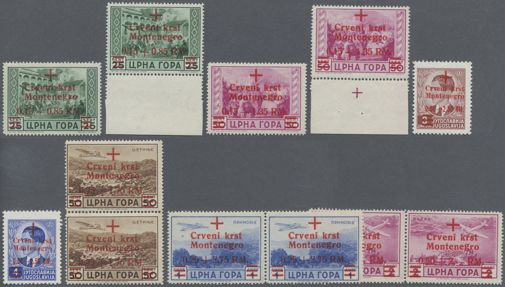 ** Dt. Besetzung II WK - Montenegro: 1944, Rotes Kreuz: 7 Werte Mit Echten Roten Aufdrucken Und Origina - Bezetting 1938-45