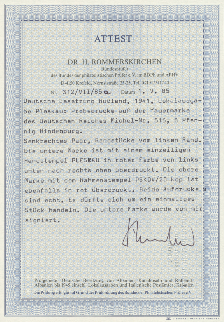 ** Dt. Besetzung II WK - Russland - Pleskau (Pskow): 1941, Probedruck Auf 6 Pfg. Hindenburg. Senkrechte - Bezetting 1938-45