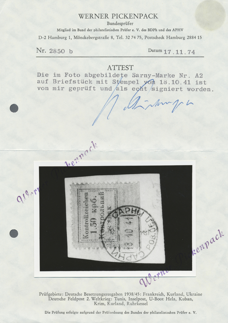 Brfst Dt. Besetzung II WK - Ukraine - Sarny: 1941, 1.50 K. Schwarz Auf Braun Auf Briefstück, Entwertet Am - Occupation 1938-45