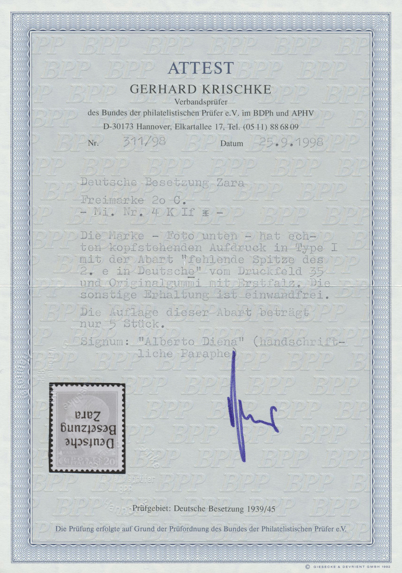 * Dt. Besetzung II WK - Zara: 1943, 20 C. Karmin Type I Mit Kopfstehendem Aufdruck Und Der Abart "fehl - Bezetting 1938-45