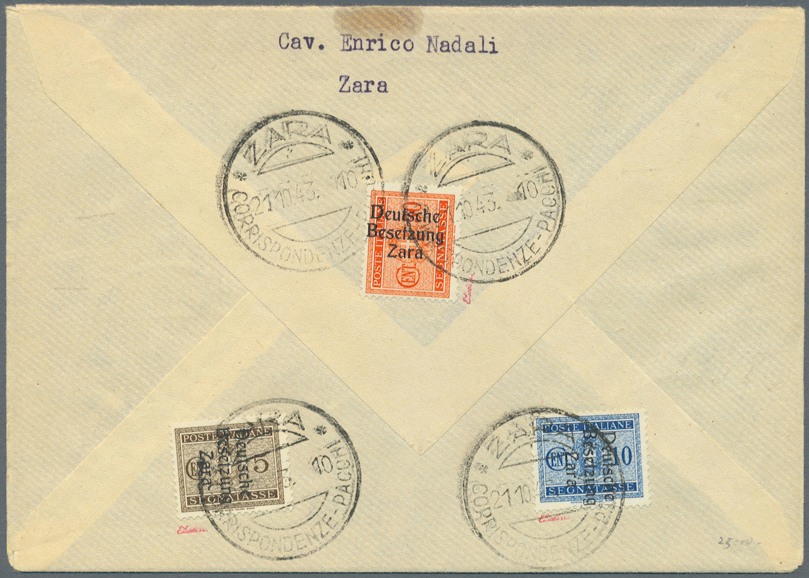 Br Dt. Besetzung II WK - Zara: 1943, 5 L Flugpost Mit Zehn Weiteren Marken (MiNr. 5 III, 8 I, 11 I, 15 - Bezetting 1938-45