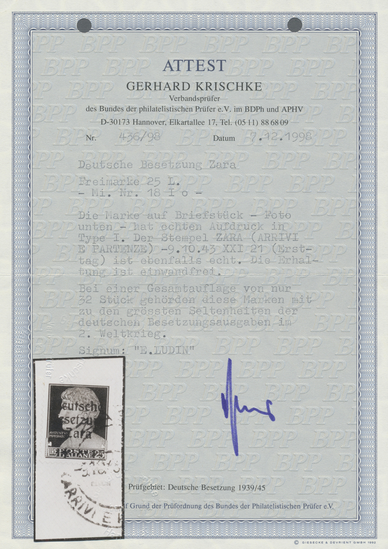 Brfst/ Dt. Besetzung II WK - Zara: 1943, Freimarke 25 L Schwarzblau  Mit Echtem Aufdruck Type I Auf Briefst - Bezetting 1938-45