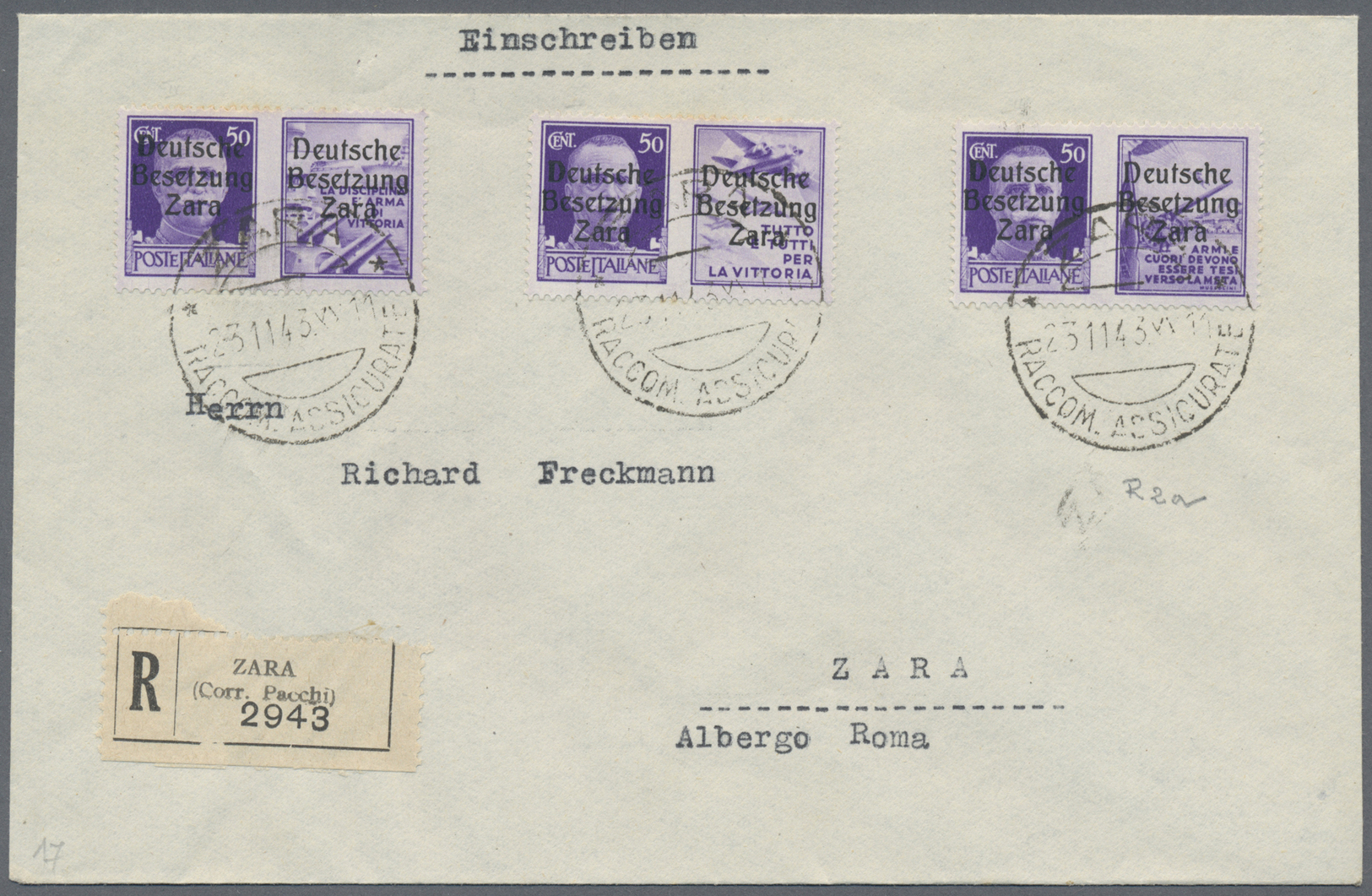 Br Dt. Besetzung II WK - Zara: 1943, 50 C. Mit Propaganda-Nebenfeld I, III Und IV Auf Einschreibebrief - Bezetting 1938-45