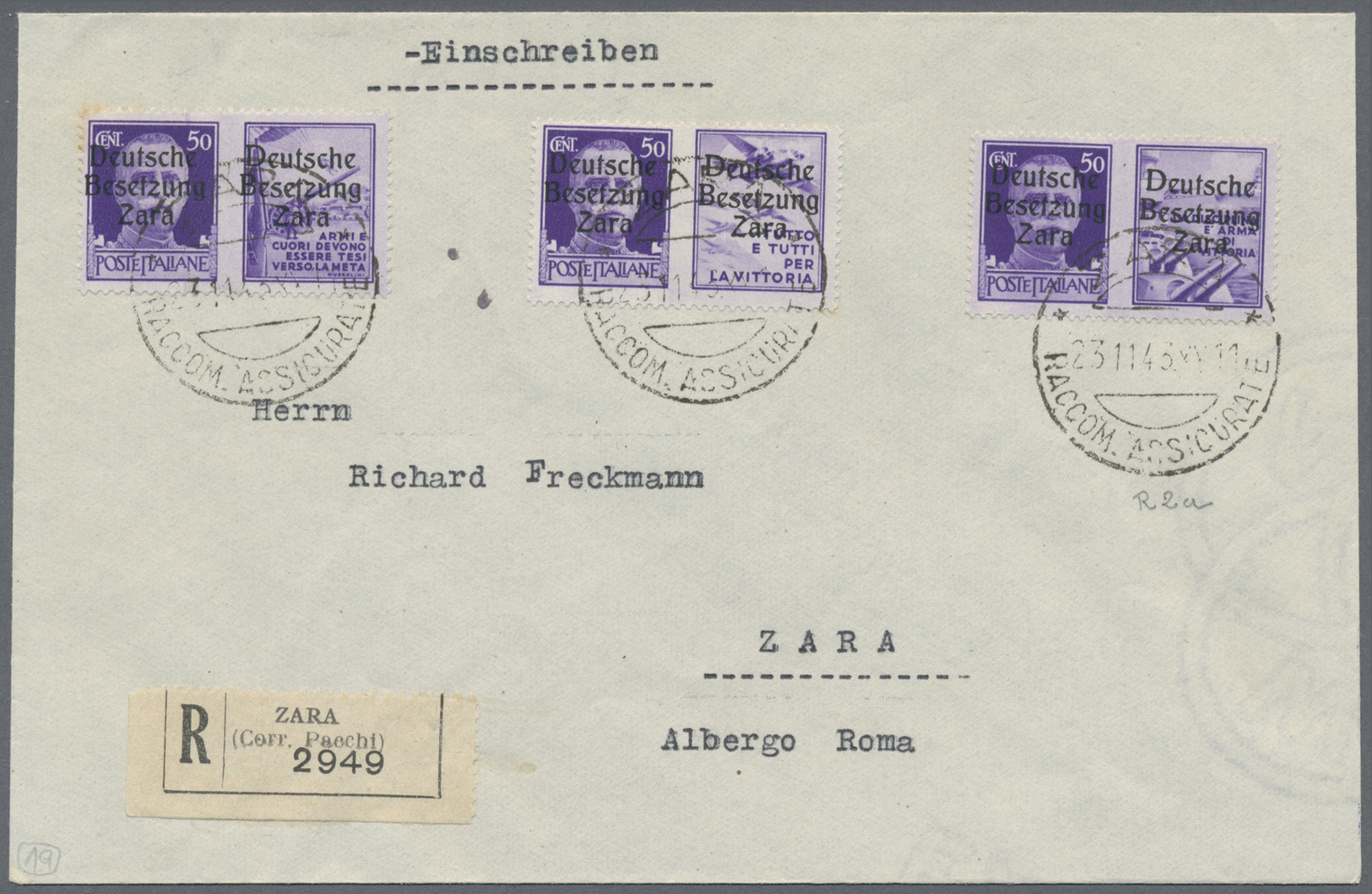 Br Dt. Besetzung II WK - Zara: 1943, 50 C. Mit Propaganda-Nebenfeld I,III Und IV Auf Einschreibebrief M - Occupation 1938-45