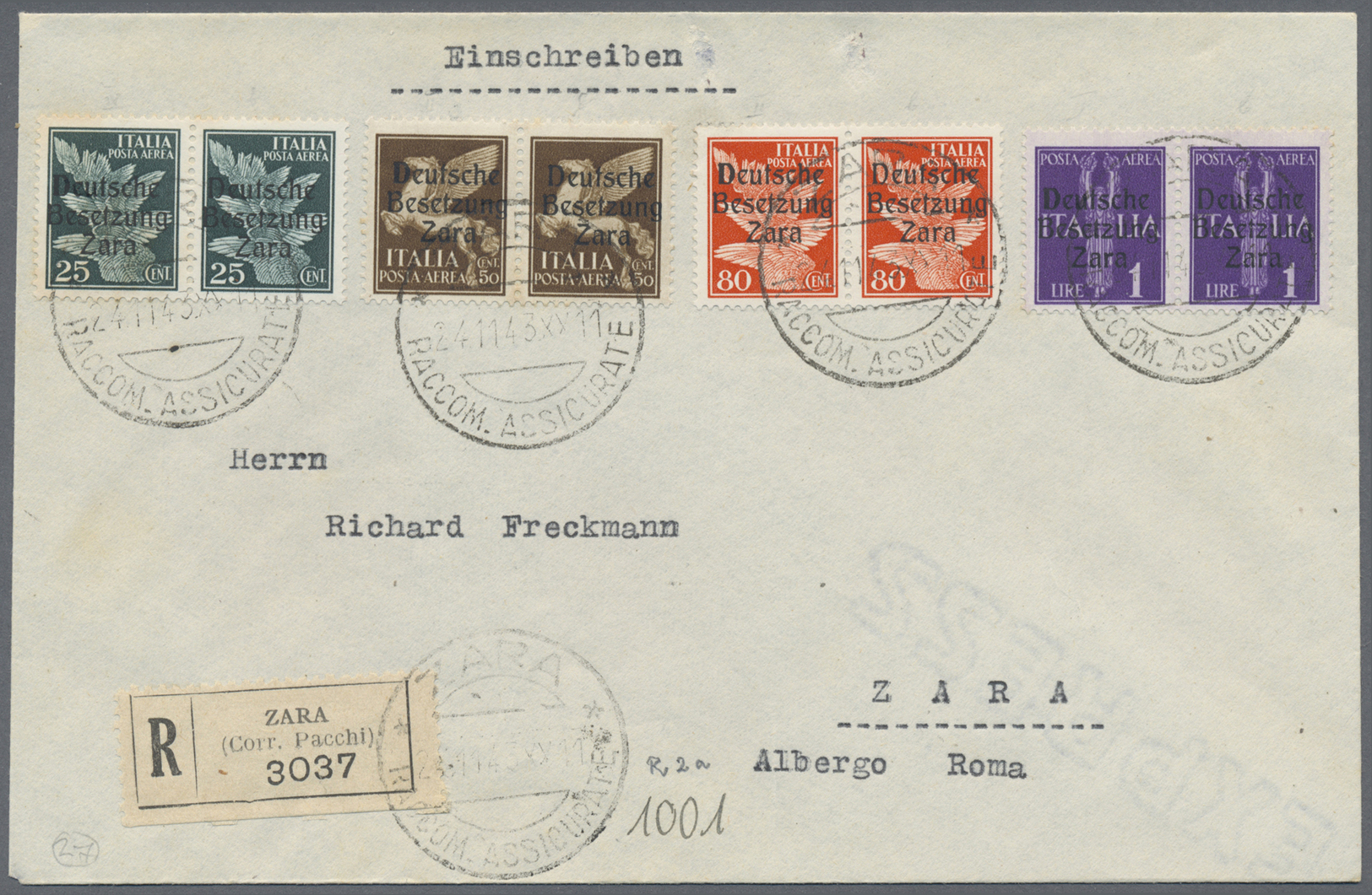 Br Dt. Besetzung II WK - Zara: 1943, Flugpostmarken Mit Aufdruck  25 C., 50 C., 80 C. Und1 Lire In Dopp - Bezetting 1938-45