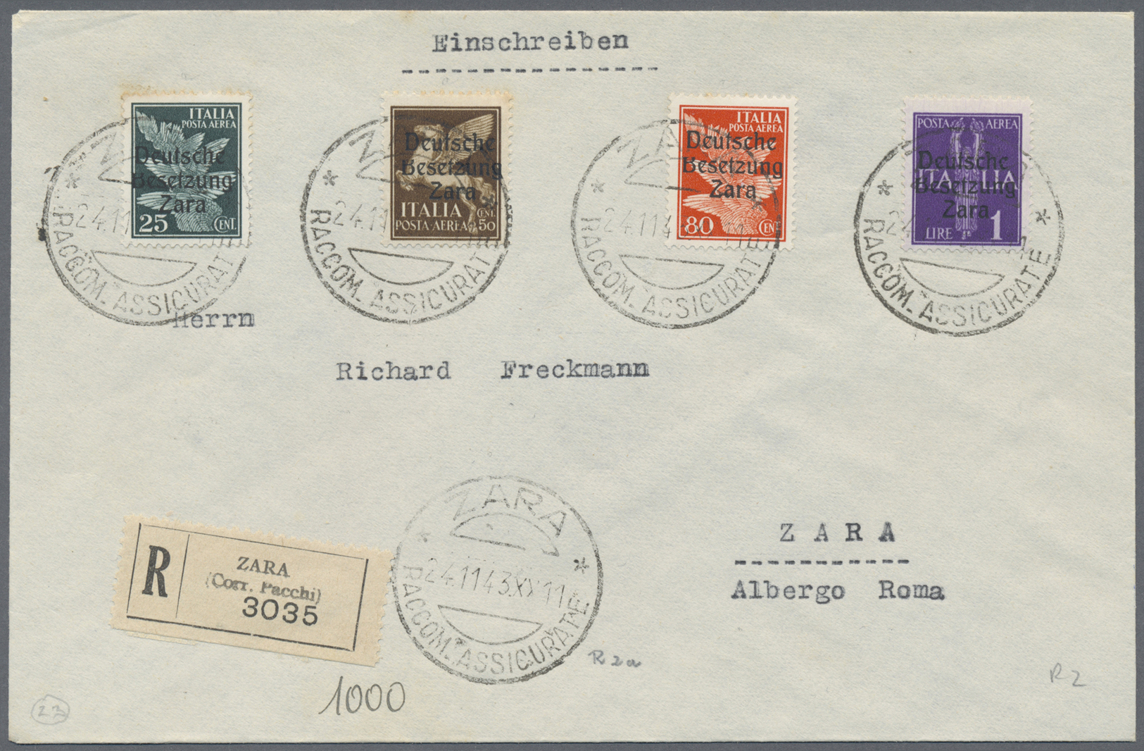 Br Dt. Besetzung II WK - Zara: 1943, Flugpostmarken Mit Aufdruck  25 C., 50 C., 80 C. Und1 Lire In Type - Bezetting 1938-45
