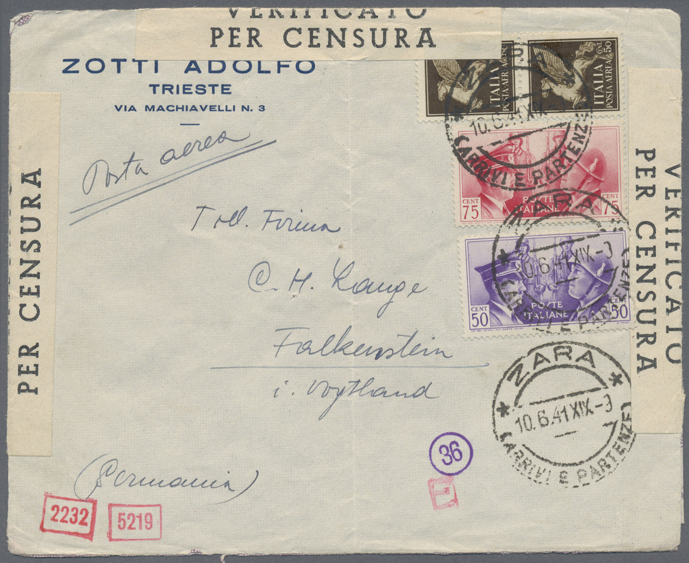 Br Dt. Besetzung II WK - Zara: 1941, Geschäftsbrief (Bugspur) Vom 10.6.41 Von Der Fa. Zotti In Triest A - Bezetting 1938-45
