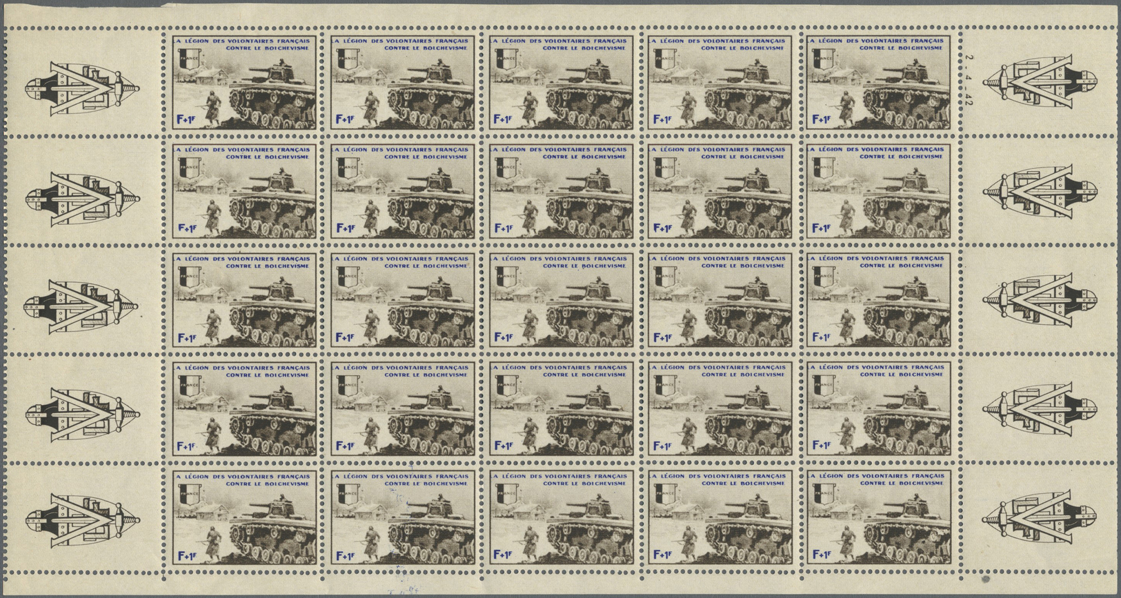 ** Dt. Besetzung II WK - Private Ausgaben: 1942, FRANKREICH: Satz Kriegsdarstellungen, 5 Werte je im an