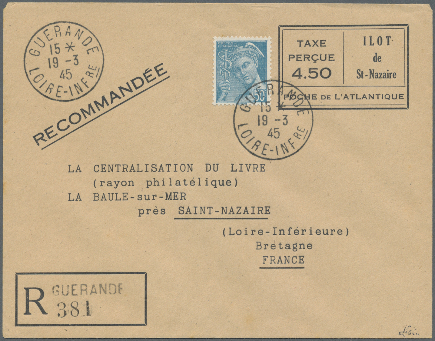 GA Dt. Besetzung II WK - Private Ausgaben: 1945, St. Nazaire, Gebürenzettel-Ganzsache Zu 4.50 Fr (Type - Bezetting 1938-45