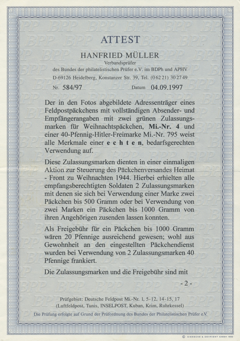 Br Feldpostmarken: 1944, FELDPOSTPÄCKCHEN-ZULASSUNGSMARKE Für Weihnachtspäckchen In Grün, 2x Mit 40 Pfg - Andere & Zonder Classificatie