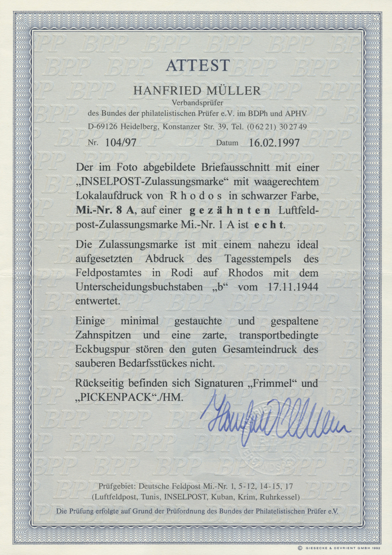 Brfst Feldpostmarken: 1944,  Rhodos-Zulassungsmarke Gezähnt, Farbrisches Und Klar Gestempeltes Prachtstück - Andere & Zonder Classificatie